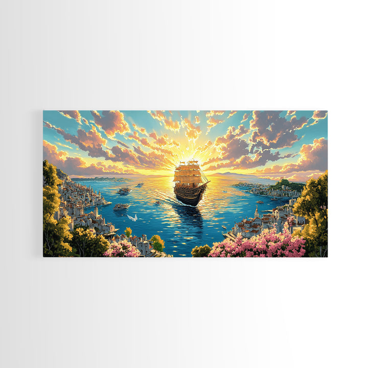 Radiant Tall Ship Sailing Into Golden Sunset Canvas Print, Nautical Wall Art For Coastal Living Room And Beach House Decor