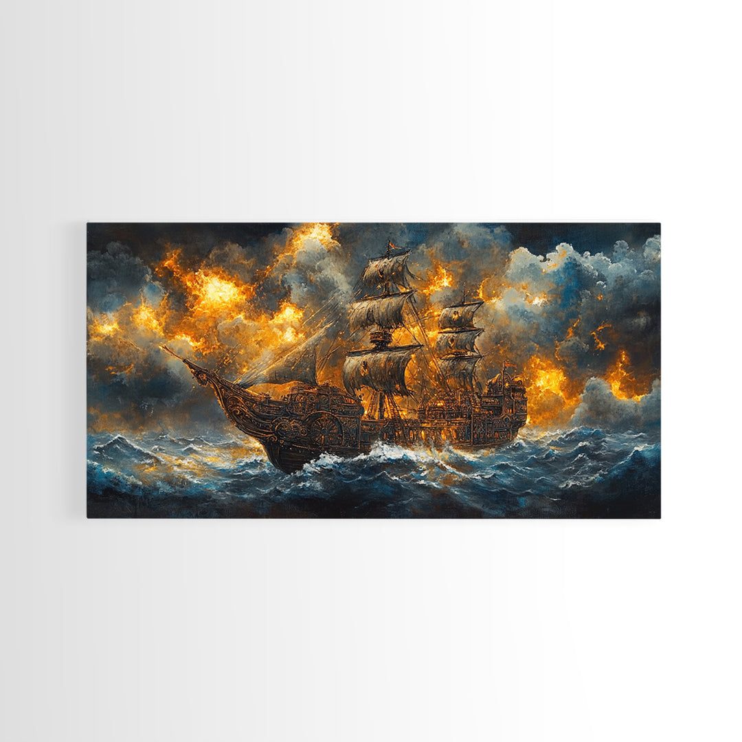 Stormy Pirate Ship In Fiery Seas Framed Canvas Print, Dramatic Nautical Wall Art For Gothic Decor And Fantasy Home Decor