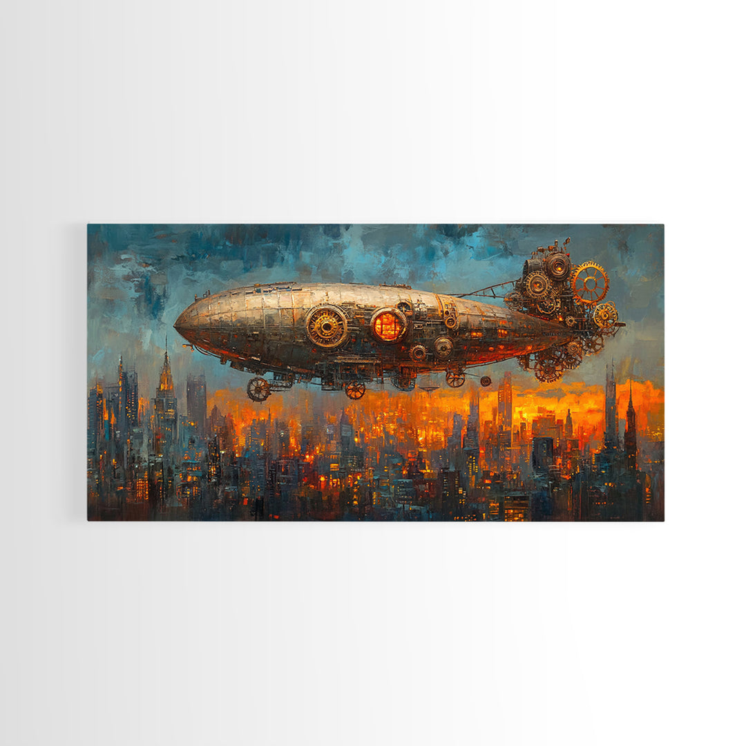 Industrial Steampunk Zeppelin Over Orange City Canvas Print, Futuristic Wall Art For Sci Fi Office Decor And Urban Home Decor