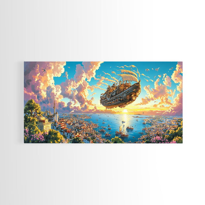 Flying Galleon Above Sunlit Coastal City Canvas Print, Whimsical Fantasy Wall Art For Travel Decor And Bright Living Room