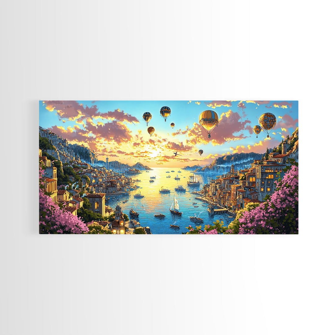 Hot Air Balloons Over Golden Harbor Canvas Print, Whimsical Coastal Wall Art For Travel Inspired Decor And Living Room Decor