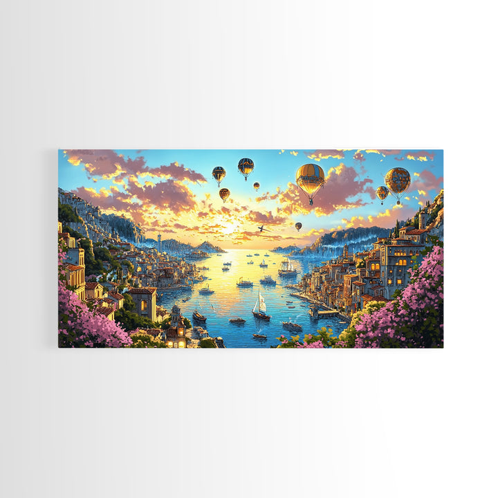 Hot Air Balloons Over Golden Harbor Canvas Print, Whimsical Coastal Wall Art For Travel Inspired Decor And Living Room Decor