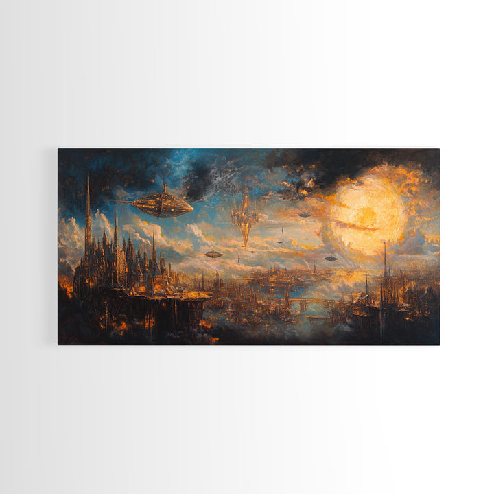 Steampunk Sky City With Airships Wall Art, Futuristic Fantasy Landscape, Dark Sci Fi Decor, Large Canvas Print For Office