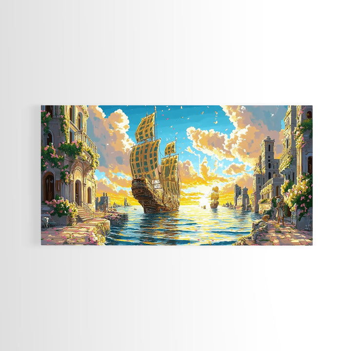 Golden Sailing Ship Canal Wall Art, Mediterranean Coastal Decor, Fantasy Seascape Canvas Print, Vibrant Living Room Art Print