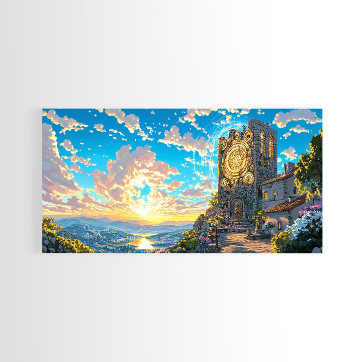 Golden Clock Tower At Sunset Wall Art, Steampunk Fantasy Landscape, Framed Canvas Print, Vibrant Travel Poster Decor Gift