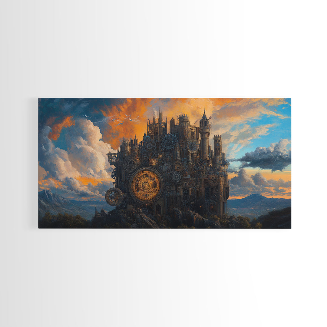 Dark Mechanical Castle At Dusk Wall Art, Gothic Steampunk Fantasy, Moody Landscape Framed Canvas Print, Statement Office Decor