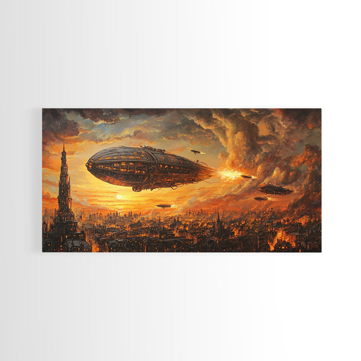 Fiery Airship Over Burning City Wall Art, Dark Steampunk Sci Fi Decor, Futuristic Landscape Canvas Print, Man Cave Art Gift