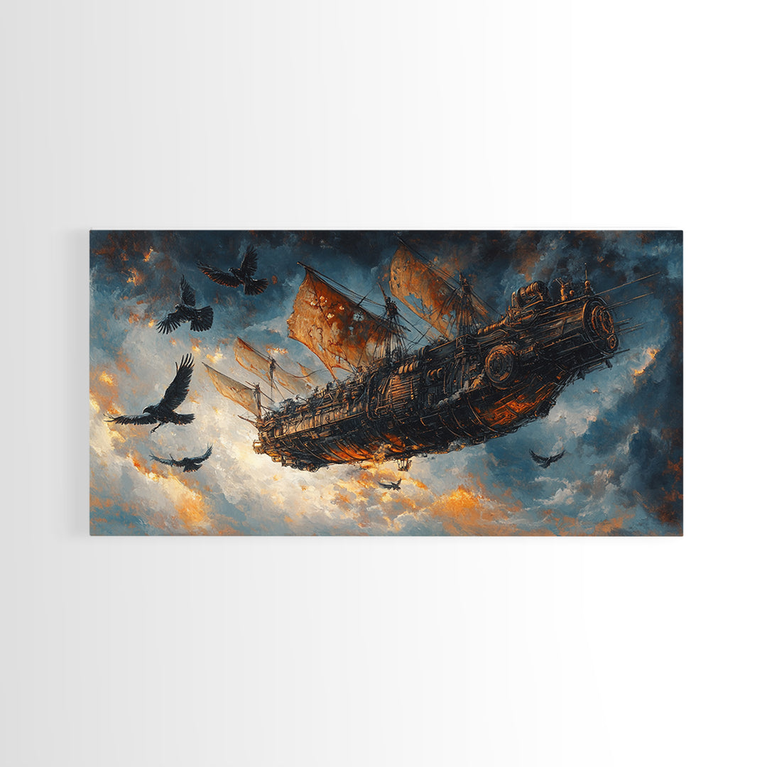Dark Flying Pirate Ship Wall Art, Steampunk Fantasy Skyship, Gothic Adventure Canvas Print, Moody Sci Fi Office Decor Gift