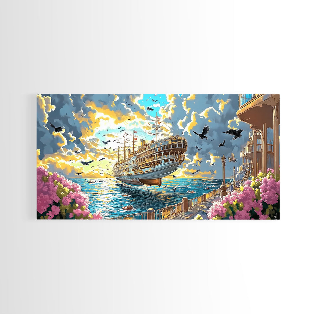 Sunlit Flying Ship By Floral Coast Wall Art, Whimsical Coastal Fantasy, Vibrant Canvas Print, Nautical Living Room Decor