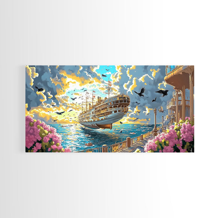 Sunlit Flying Ship By Floral Coast Wall Art, Whimsical Coastal Fantasy, Vibrant Canvas Print, Nautical Living Room Decor