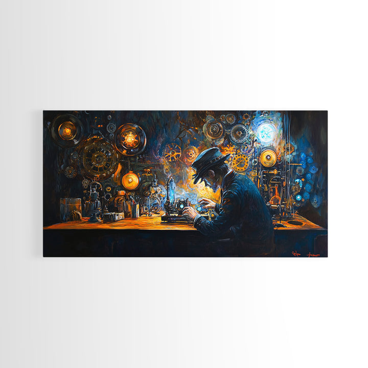 Steampunk Inventor At Workbench With Glowing Gears Framed Canvas Print, Dark Academia Wall Art, Office Decor, Gift For Him