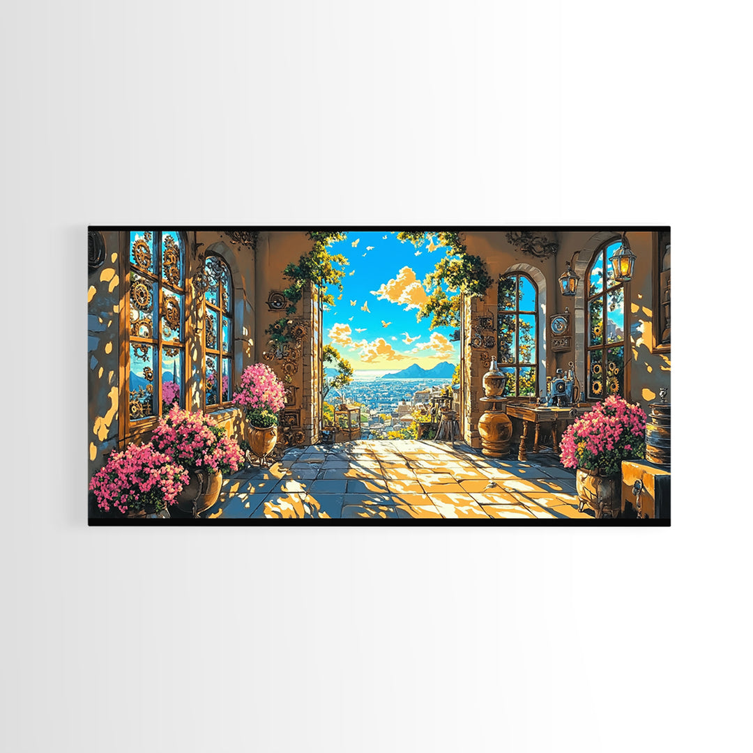 Sunlit Mediterranean Terrace With Pink Flowers Canvas Print, Coastal Wall Art, Italian Home Decor, Living Room Decor Gift