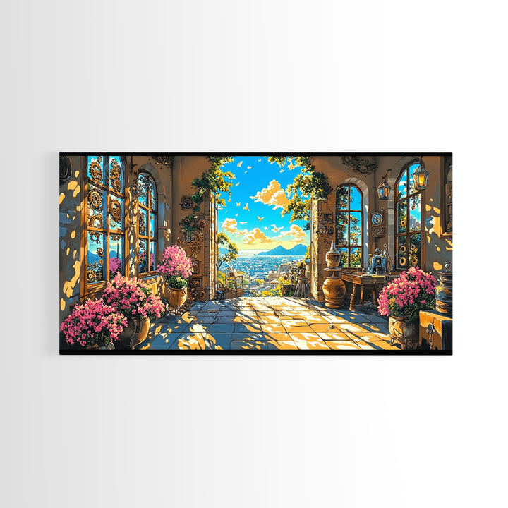 Sunlit Mediterranean Terrace With Pink Flowers Canvas Print, Coastal Wall Art, Italian Home Decor, Living Room Decor Gift
