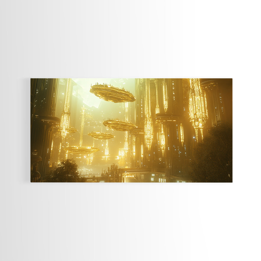 Golden Futuristic City With Floating Airships Framed Canvas Print, Sci Fi Wall Art, Cyberpunk Decor, Statement Artwork Gift For Him