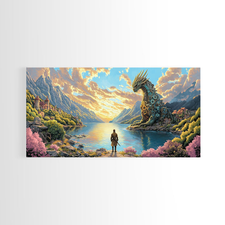 Hero Facing Giant Mechanical Dragon On Alpine Lake Canvas Print, Fantasy Wall Art, Mountain Wall Art, Adventure Home Decor
