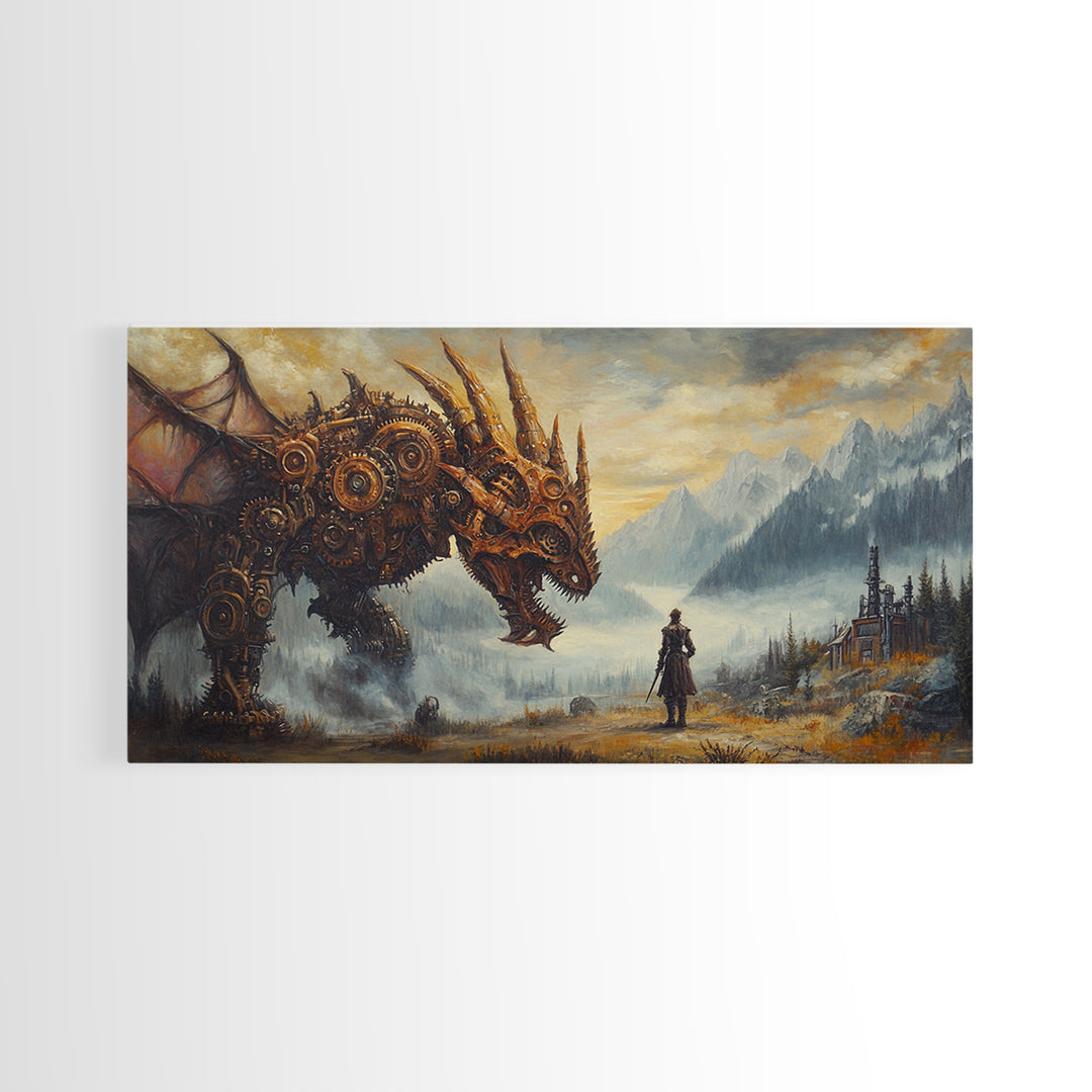 Steampunk Dragon Confronting Lone Traveler Framed Canvas Print, Fantasy Wall Art, Gothic Decor, Mountain Landscape Art, Gift For Him