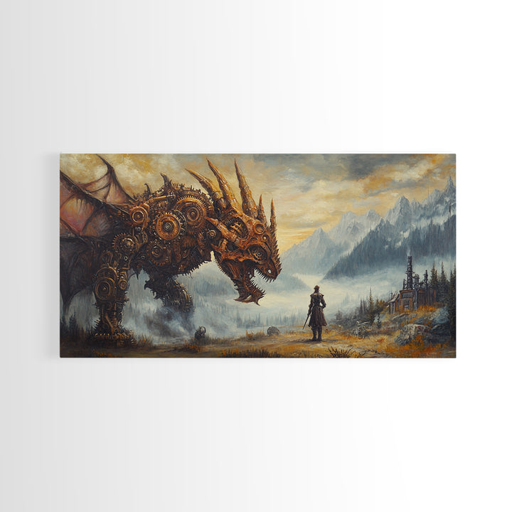 Steampunk Dragon Confronting Lone Traveler Framed Canvas Print, Fantasy Wall Art, Gothic Decor, Mountain Landscape Art, Gift For Him