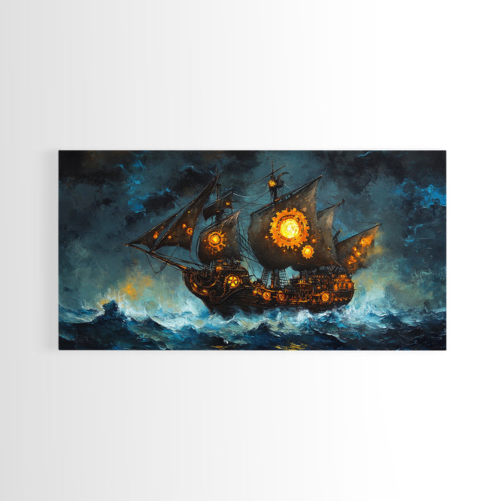 Stormy Steampunk Pirate Ship With Glowing Gears Canvas Print, Nautical Wall Art, Dark Fantasy Art, Moody Seascape Decor Gift For Him