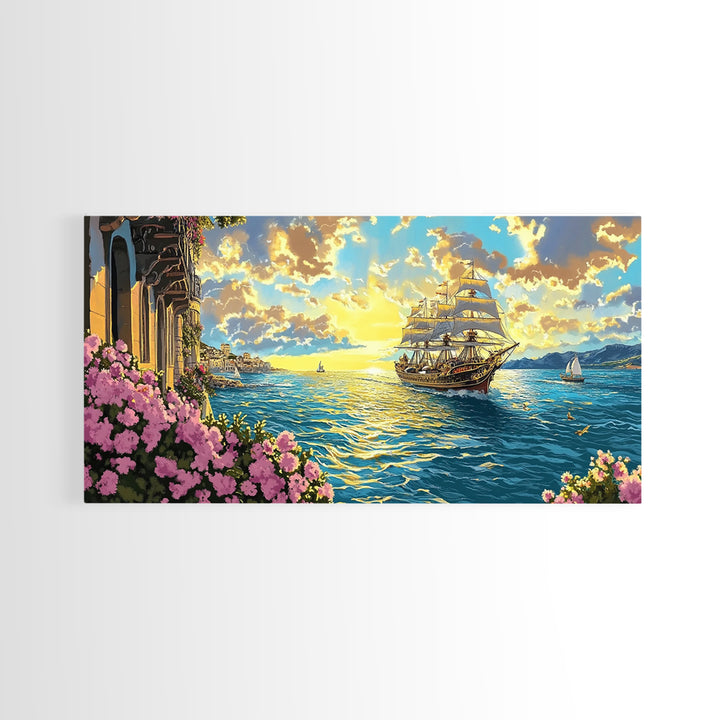 Sunset Tall Ship Sailing Past Flowered Balcony Canvas Print, Coastal Wall Art, Nautical Decor, Mediterranean Home Decor, Gift For Her