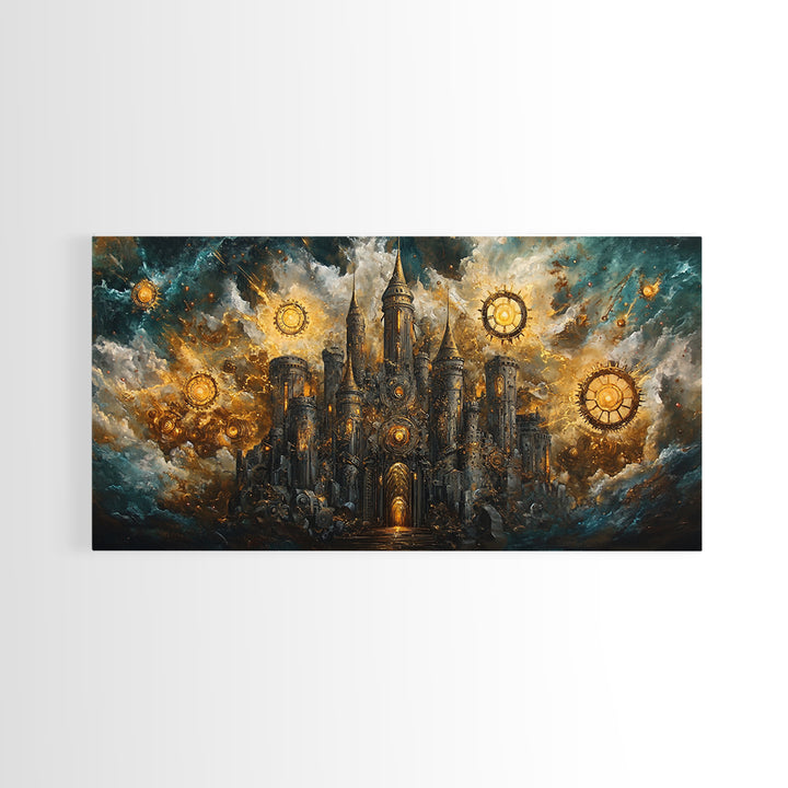 Dark Clockwork Castle Under Stormy Skies Framed Canvas Print, Gothic Wall Art, Steampunk Decor, Fantasy Home Decor, Statement Artwork