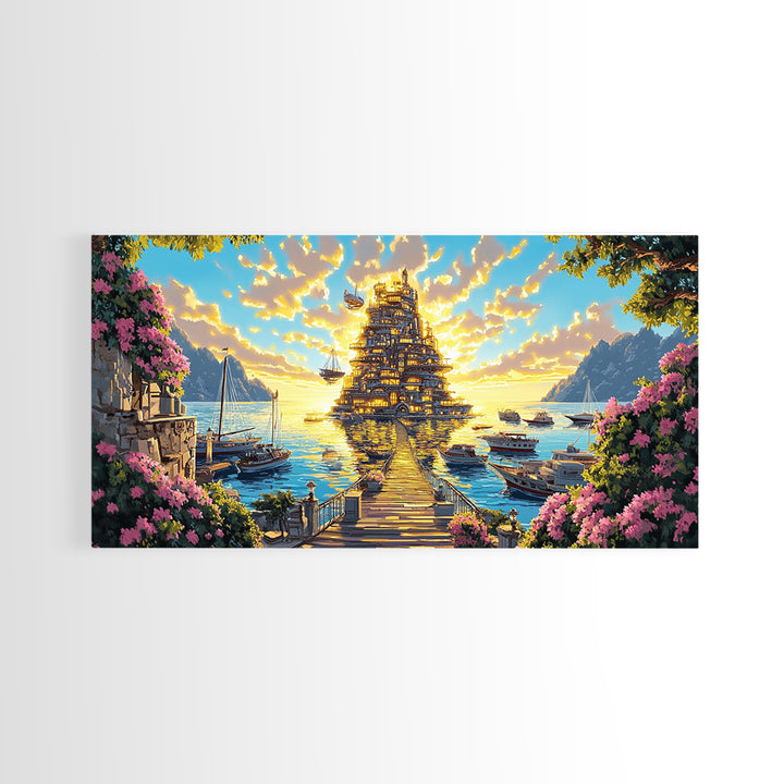 Golden Floating Temple At Sunset Wall Art, Fantasy Coastal Landscape Canvas, Dreamy Ocean Decor, Large Living Room Art Print