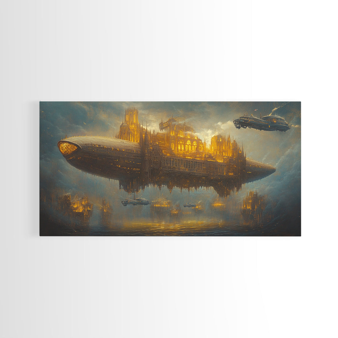 Golden Steampunk Airship City Framed Canvas Print, Futuristic Sci Fi Wall Decor, Dark Fantasy Art For Office Decor, Gift For Him