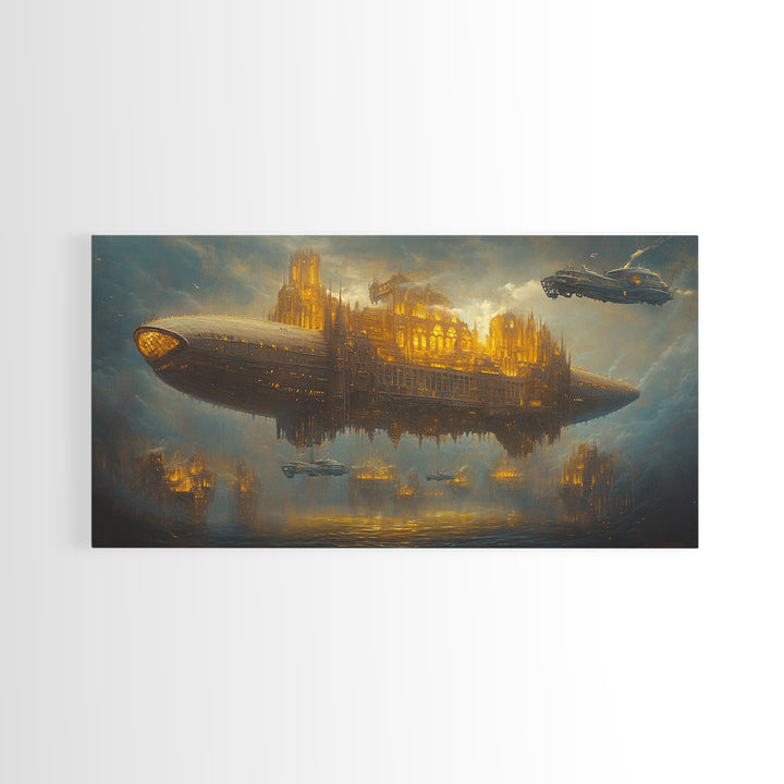 Golden Steampunk Airship City Framed Canvas Print, Futuristic Sci Fi Wall Decor, Dark Fantasy Art For Office Decor, Gift For Him