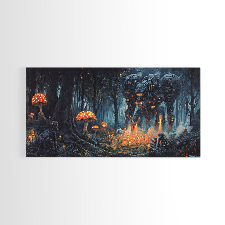 Glowing Mushroom Forest Mech Canvas Print, Dark Sci Fi Fantasy Wall Art, Cyberpunk Decor, Gamer Room Office Art, Gift For Him