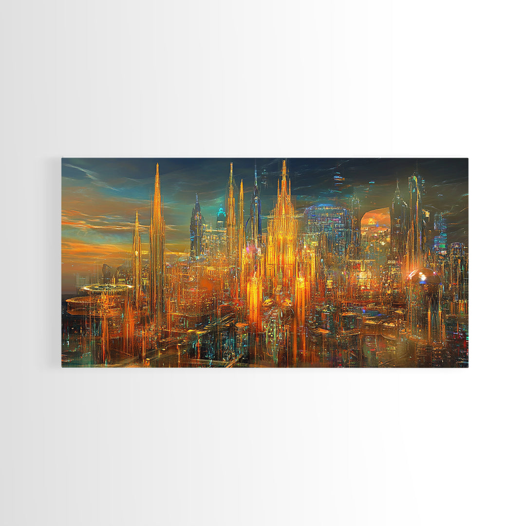 Radiant Futuristic City Skyline Wall Art, Cyberpunk Canvas Print, Sci Fi Urban Decor, Large Modern Office Wall Decor Art