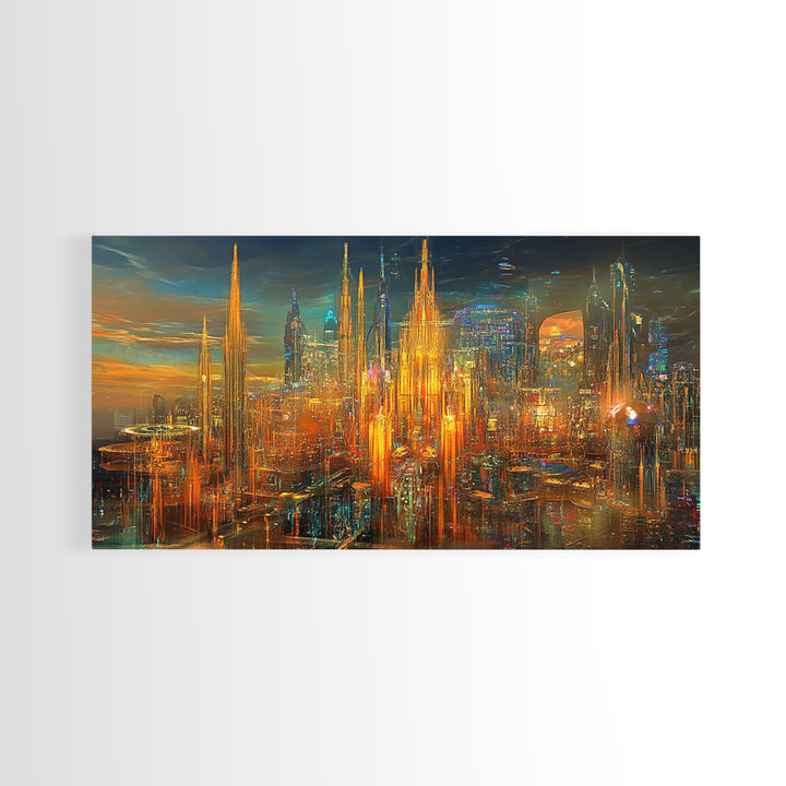 Radiant Futuristic City Skyline Wall Art, Cyberpunk Canvas Print, Sci Fi Urban Decor, Large Modern Office Wall Decor Art