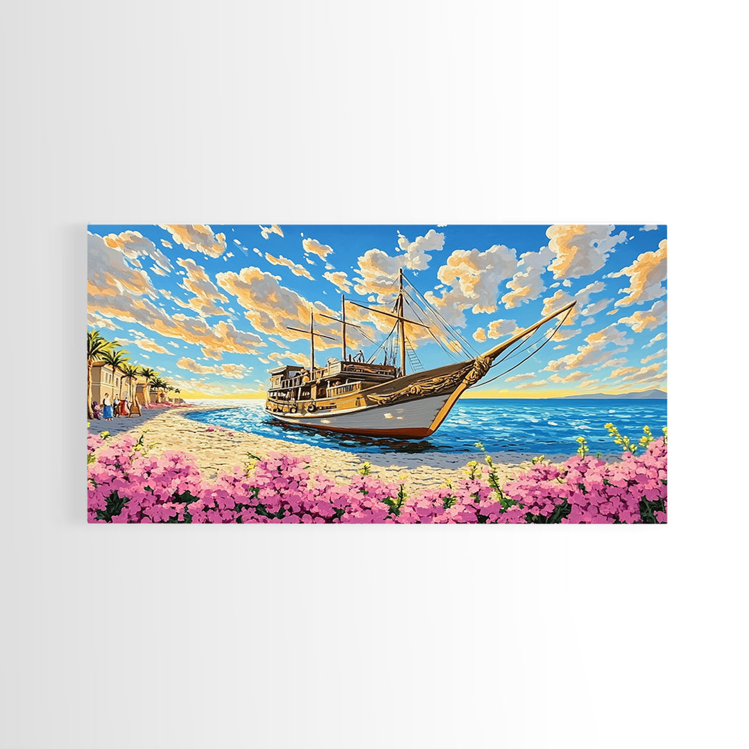 Classic Wooden Sailboat On Sunny Coast Wall Art, Nautical Canvas Print, Beach House Decor, Coastal Living Room Art Print
