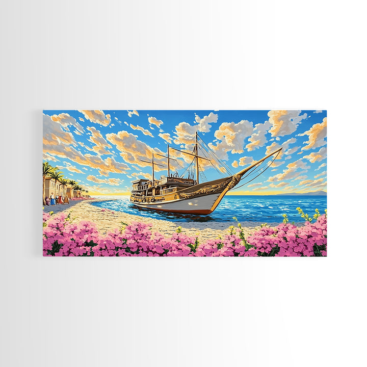 Classic Wooden Sailboat On Sunny Coast Wall Art, Nautical Canvas Print, Beach House Decor, Coastal Living Room Art Print