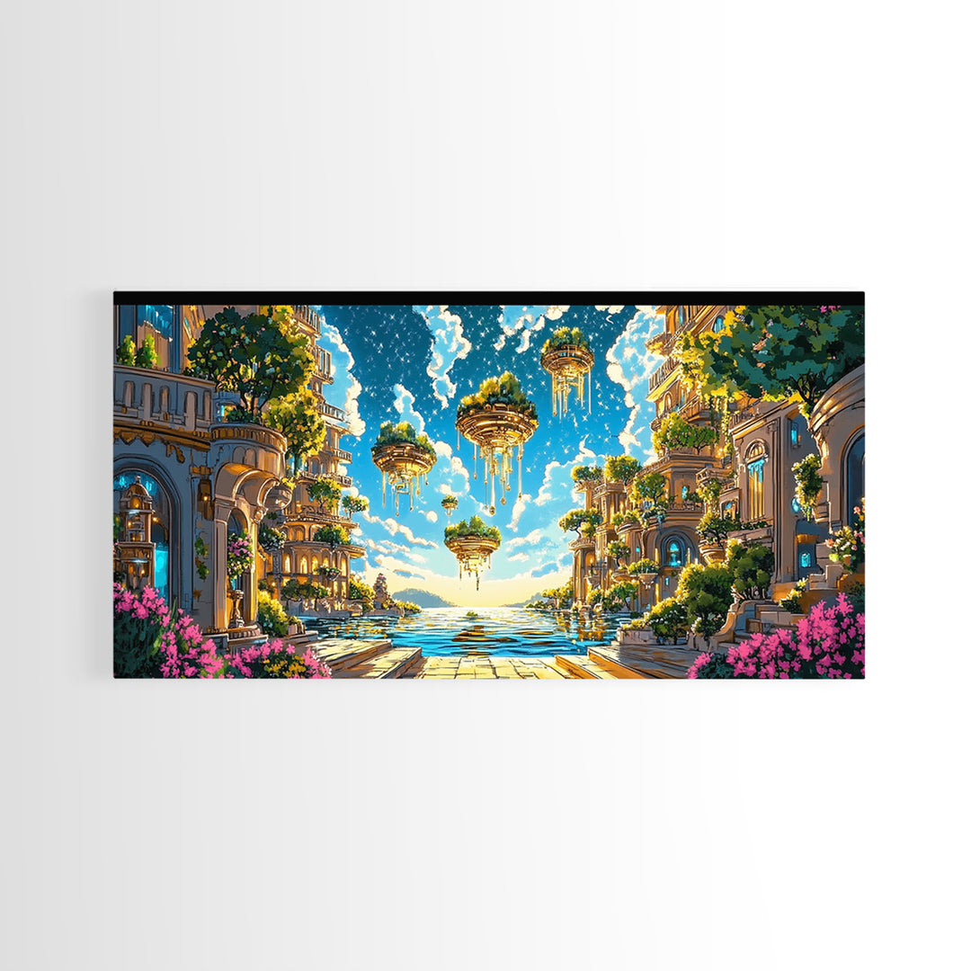 Floating Garden Islands Over Azure Sea Wall Art, Fantasy Coastal Canvas Print, Dreamy Mediterranean Home Decor Art Print