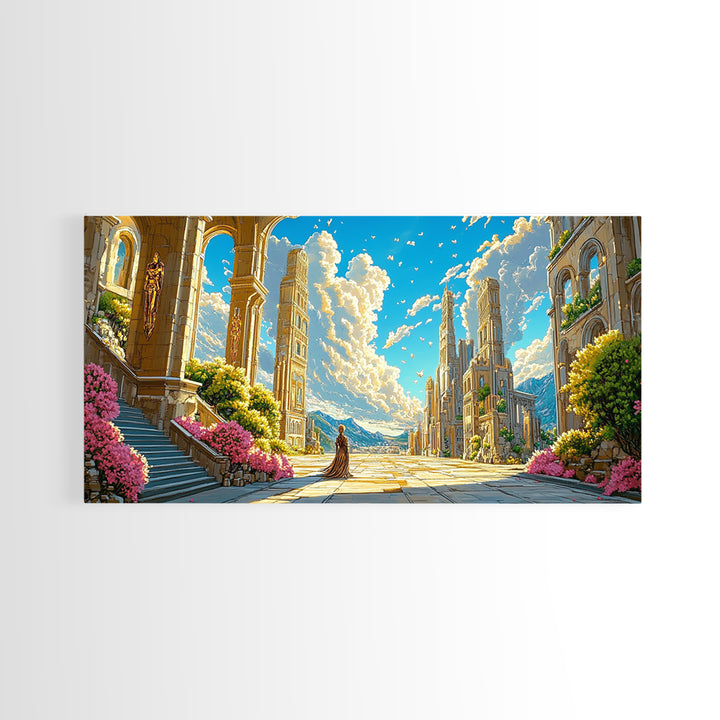 Sunlit Ancient Ruins And Mountain Vista Wall Art, Fantasy Landscape Canvas Print, Elegant Mediterranean Home Decor Print