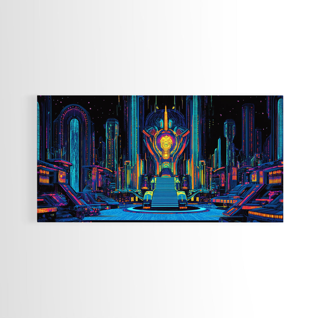 Neon Cyberpunk Throne Room Canvas Print, Futuristic Sci Fi Wall Art, Gaming Room Decor, Vibrant Office Wall Decor, Gift For Him