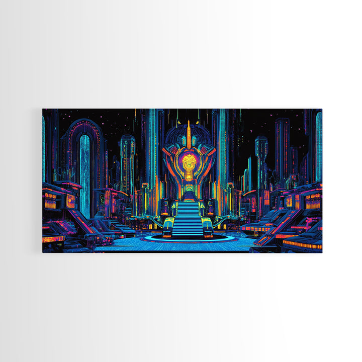 Neon Cyberpunk Throne Room Canvas Print, Futuristic Sci Fi Wall Art, Gaming Room Decor, Vibrant Office Wall Decor, Gift For Him