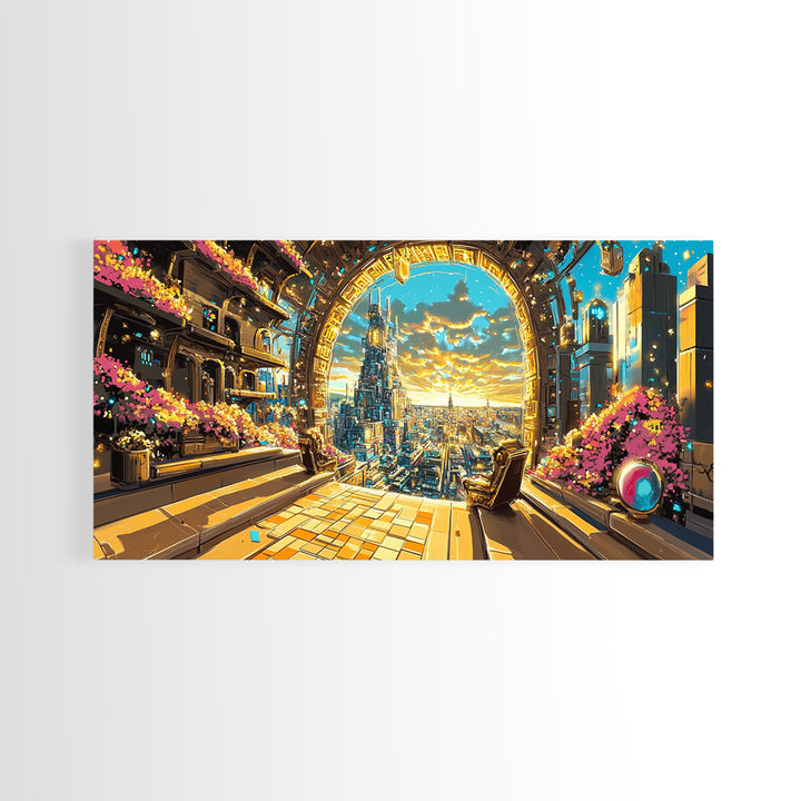 Golden Portal Balcony Over Future City Wall Art, Futuristic Canvas Print, Sci Fi Living Room Decor, Statement Office Art