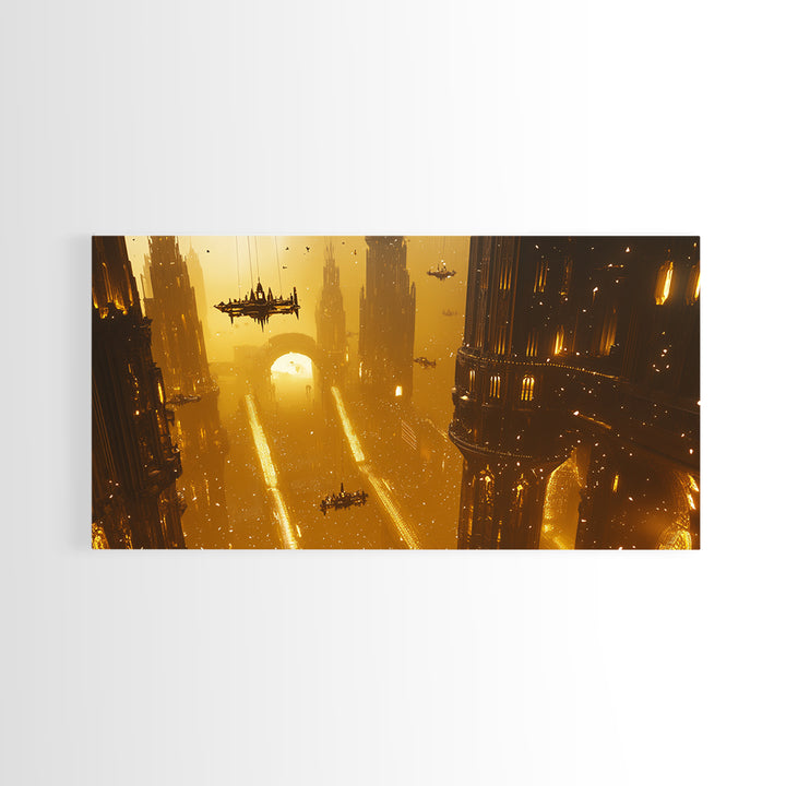 Golden Futuristic Megacity With Airships Wall Art, Sci Fi Cityscape Canvas, Cyberpunk Decor, Large Statement Living Room Print
