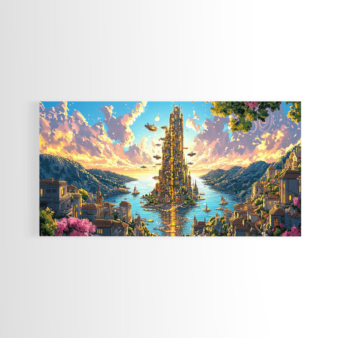 Radiant Island Tower And Alpine Bay Framed Canvas Print, Fantasy Coastal Wall Art, Italy Decor, Colorful Living Room Art