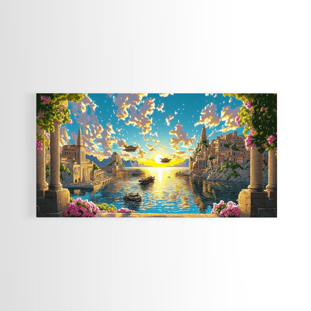 Sunlit Fantasy Harbor With Airships Canvas Print, Mediterranean Coastal Wall Art, Seascape Decor, Bright Living Room Print