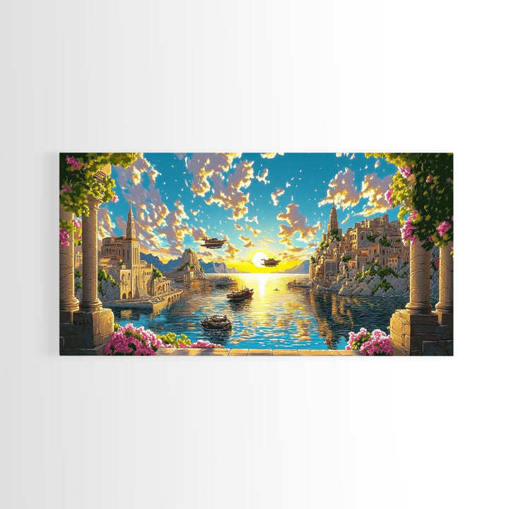 Sunlit Fantasy Harbor With Airships Canvas Print, Mediterranean Coastal Wall Art, Seascape Decor, Bright Living Room Print