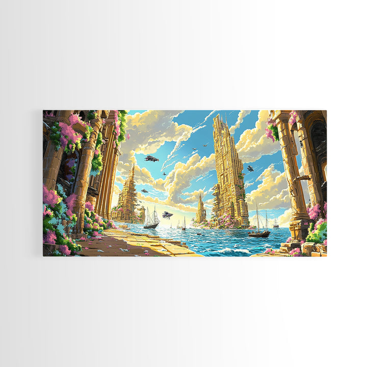Blooming Fantasy Canal And Golden Towers Wall Art, Coastal Seascape Canvas, Mediterranean Decor, Large Horizontal Living Room Print