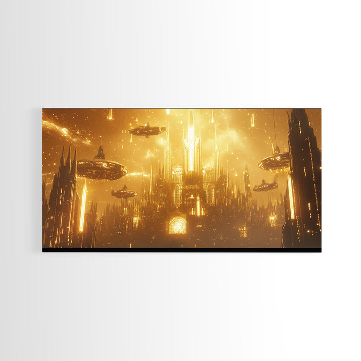 Glowing Golden Future Cathedral And Airships Canvas Print, Sci Fi Wall Art, Luxury Cyberpunk Decor, Oversized Statement Art