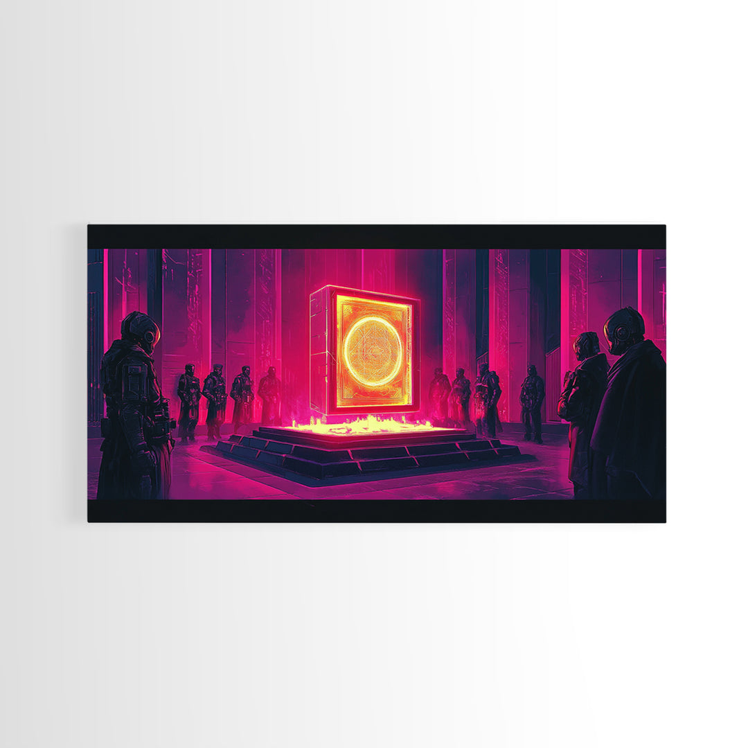 Neon Magenta Monolith Ritual Framed Canvas Print, Cyberpunk Wall Art, Sci Fi Decor, Dark Moody Futuristic Gallery Room Poster