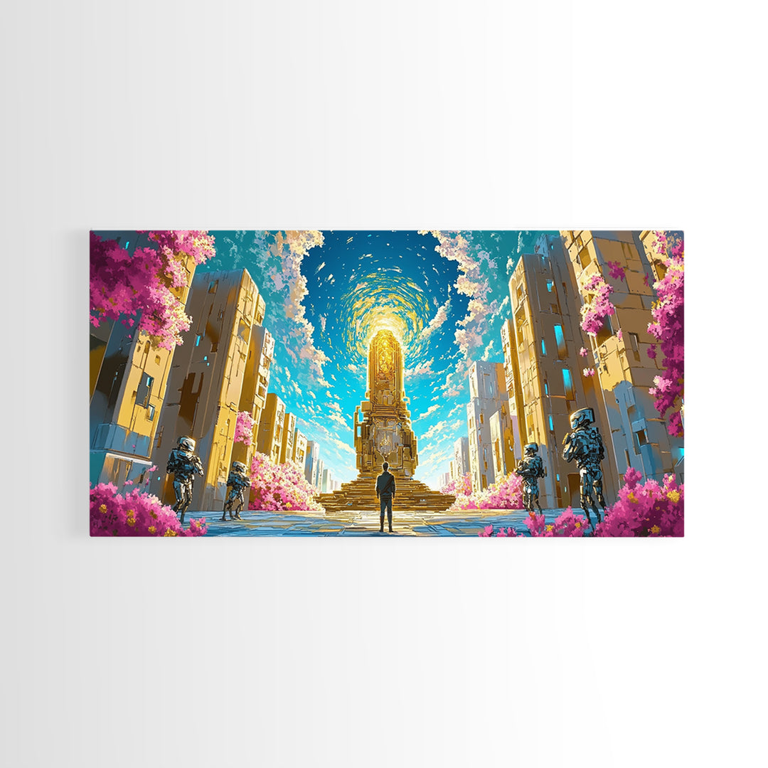 Celestial Portal Monument With Blossoms Wall Art, Modern Futuristic Sci Fi Canvas, Cyberpunk Decor, Vibrant Living Room Print