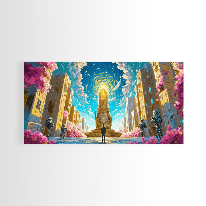 Celestial Portal Monument With Blossoms Wall Art, Modern Futuristic Sci Fi Canvas, Cyberpunk Decor, Vibrant Living Room Print