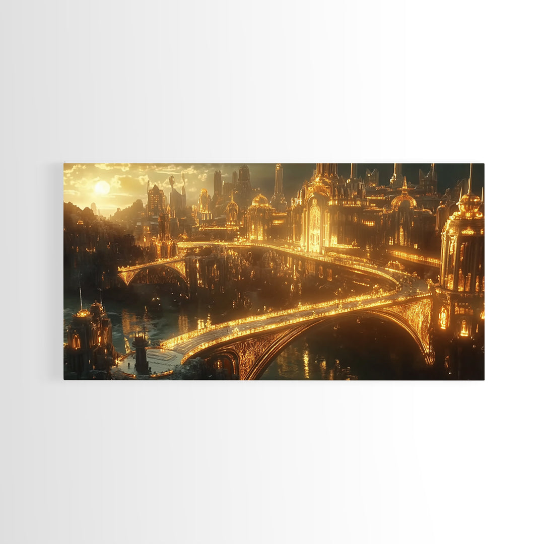 Golden Futuristic Palace City And Bridges Framed Canvas Print, Sci Fi Wall Art, Luxury Cityscape Large Statement Living Room Decor