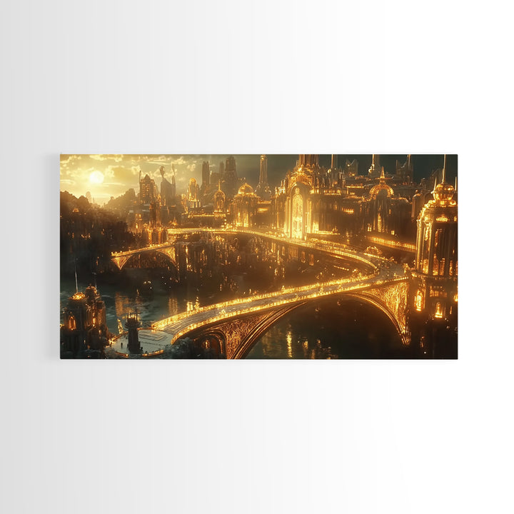 Golden Futuristic Palace City And Bridges Framed Canvas Print, Sci Fi Wall Art, Luxury Cityscape Large Statement Living Room Decor