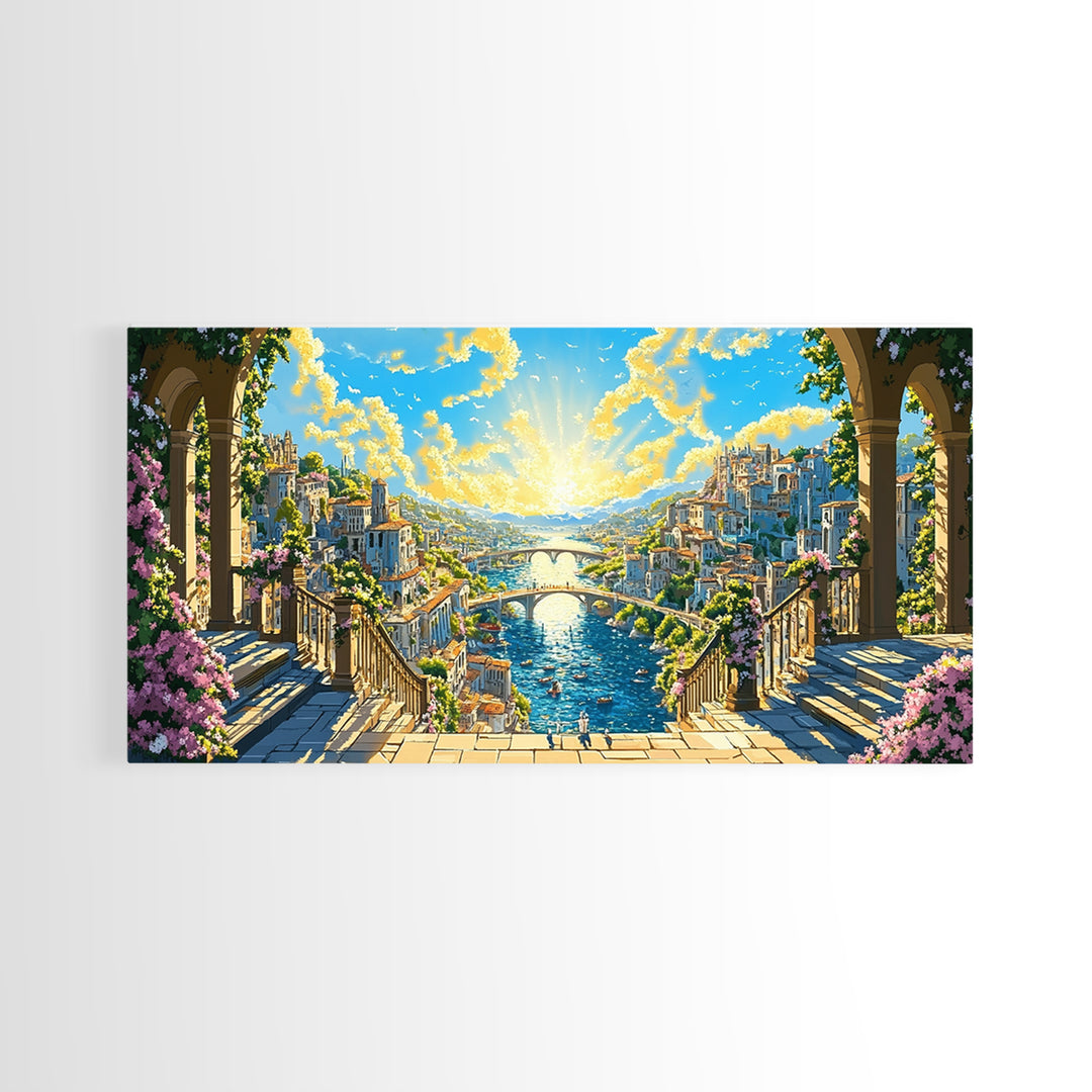 Sunlit Fantasy River City From Balcony Canvas Print, Mediterranean Wall Art, Colorful Coastal Decor, Bright Above Sofa Print