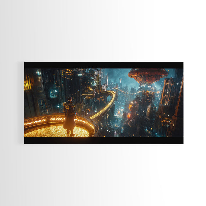 Cyberpunk Balcony Over Neon Megacity Wall Art, Futuristic Sci Fi Canvas, Dystopian Cityscape Large Office Living Room Print